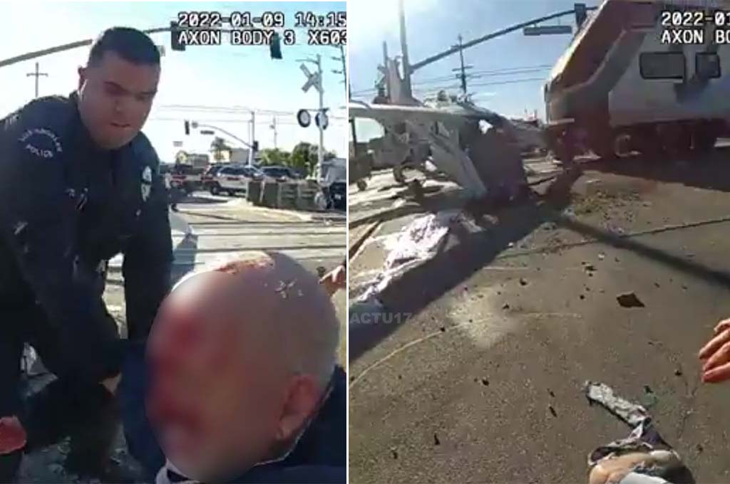 Les policiers de Los Angeles extraient un homme blessé d'un avion, juste avant qu'un train le percute
